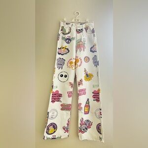 Bershka Colorful Graphic White Jeans - Size 4, Fun and Unique Design